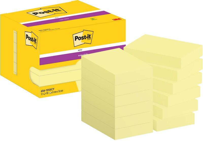 Post-it Super Sticky Haftnotizen 656-12SSCY 51 x 76 mm 90 Blatt pro Block Gelb Rechteckig Unliniert 12 Stück