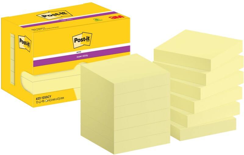 Post-it Super Sticky Haftnotizen 622-12SSCY 47,6 x 47,6 mm 90 Blatt pro Block Gelb Quadratisch Unliniert 12 Stück