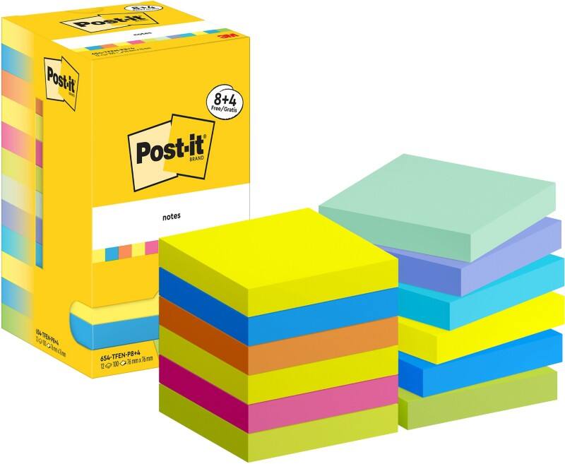 Post-it Energetic Haftnotizen Quadratisch 76 x 76 mm Blanko Färbig Sortiert 654-MX-P8+4 100 Vorteilspack 8 + 4 Gratis