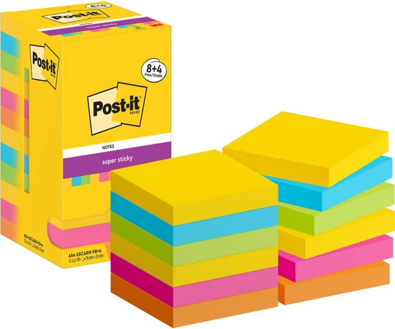 Post-it Carnival Collection Super Sticky Haftnotizen Quadratisch 76 x 76 mm Blanko Färbig sortiert 654-SSCARN-P8+4 90 Blatt Vorteilspack 8 + 4 Gratis