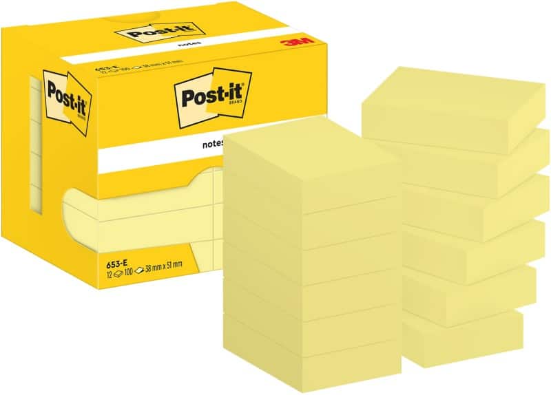 Post-it Sticky Notes Haftnotizen 653-E 38 x 51 mm 100 Blatt pro Block Gelb 12 Stück