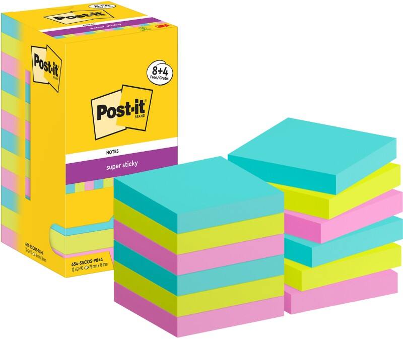 Post-it Super Sticky Notes Haftnotizen 76 x 76 mm Cosmic Collection Färbig Sortiert 90 Blatt  Vorteilspack 8 + 4 Gratis