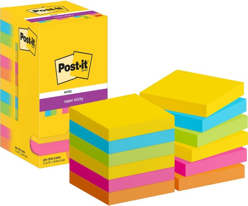 Post-it Super Sticky Haftnotizen 654-12SS-CARN 76 x 76 mm 90 Blatt pro Block Blau, Gelb, Grün, Orange, Rosa Quadratisch Unliniert 12 Stück