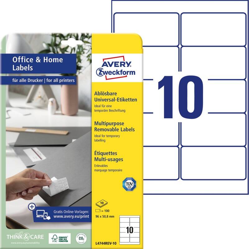 AVERY Zweckform Ablösbare Universaletiketten L4744REV-10 Selbsthaftend A4 Weiß 9,6 x 32,7 x 5,08 cm 10 Blatt à 10 Etiketten