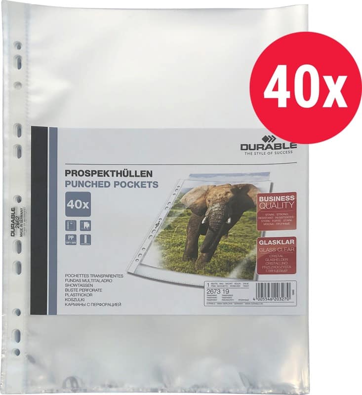 DURABLE Business Prospekthüllen A4 Glasklar Transparent 60 Mikron PP (Polypropylen) Öffnung oben 11 Löcher 2673 40 Stück