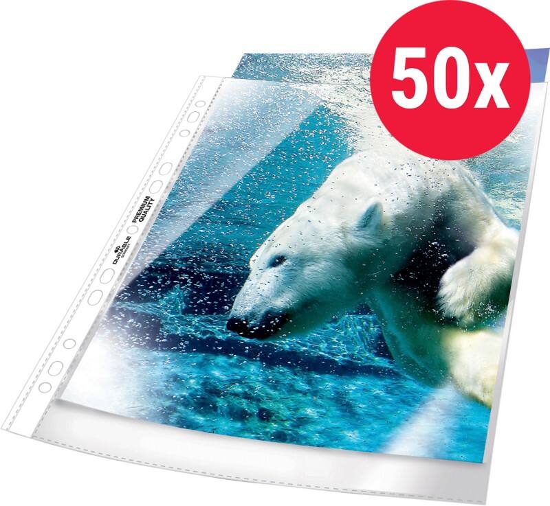 DURABLE Premium Prospekthüllen A4 Glasklar Transparent 80 Mikron PP (Polypropylen) Öffnung oben 11 Löcher 2677 50 Stück