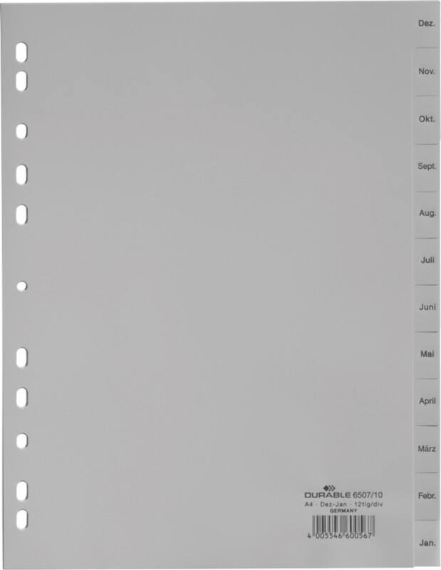 DURABLE Dez - Jan Monatsregister DIN A4 Grau 12-teilig PP (Polypropylen) 11 Löcher 6507