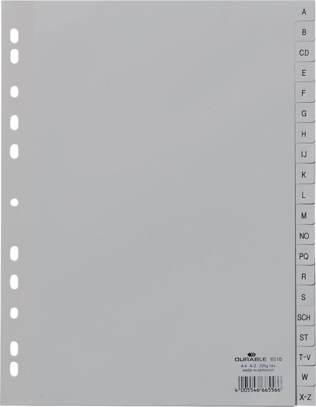 DURABLE A - Z Alphabetische Register DIN A4 Grau 20-teilig PP (Polypropylen) 11 Löcher 6510