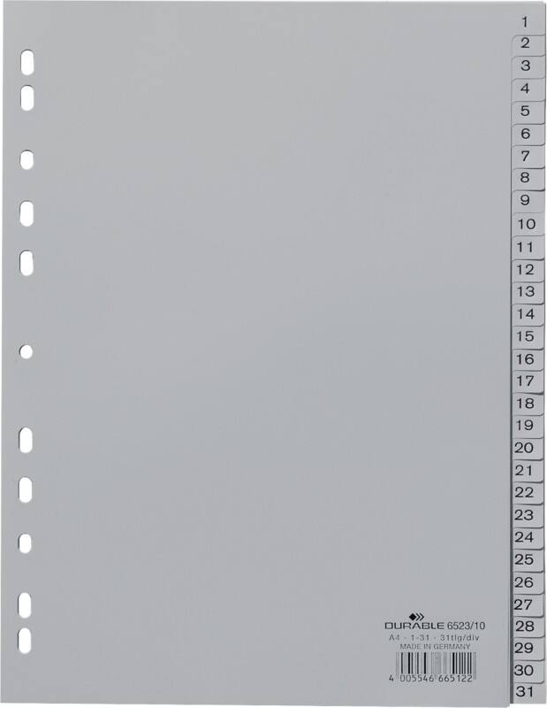DURABLE 1 bis 31 Zahlenregister DIN A4 Grau 31-teilig PP (Polypropylen) 11 Löcher 6523