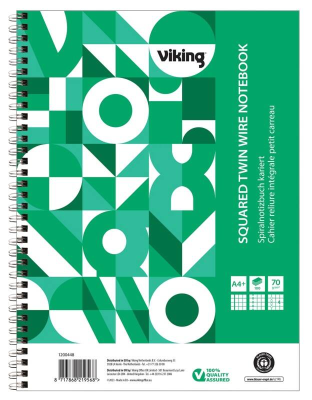 Viking Notizbuch DIN A4+ Kariert Doppeldraht Seitlich gebunden Papier Softcover Grün Perforiert 200 Seiten