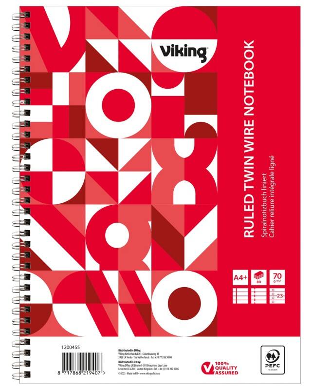 Viking Notizbuch DIN A4+ Liniert Doppeldraht Seitlich gebunden Papier Softcover Rot Perforiert 160 Seiten 5 Stück