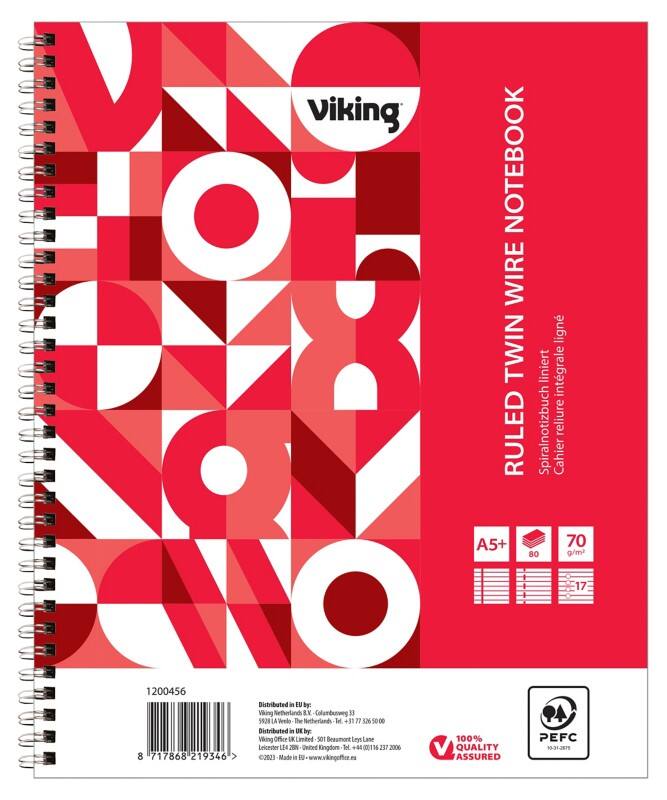 Viking Notizbuch A5+ Liniert Doppeldraht Seitlich gebunden Papier Softcover Rot Perforiert 17 Löcher 160 Seiten 5 Stück