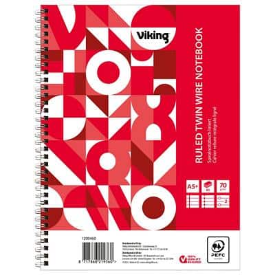 Viking Notizbuch DINA5+ Liniert Doppeldraht Seitlich gebunden Papier Softcover Rot Perforiert 160 Seiten 5 Stück