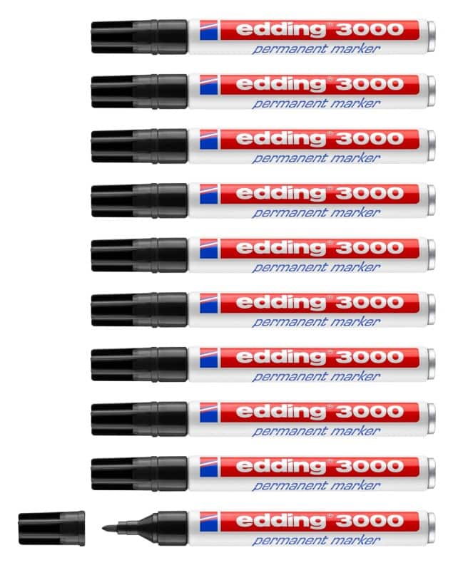 edding 3000 Permanentmarker 100% Recycelt Mittel Rundspitze 1,5 - 3 mm Schwarz Nachfüllbar Wasserbeständig 10 Stück
