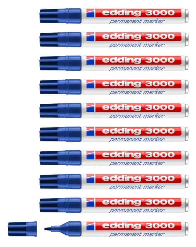 edding 3000 3000 Permanentmarker 100% Recycelt Mittel Rundspitze  - 3 mm Blau Nachfüllbar Wasserbeständig 10 Stück