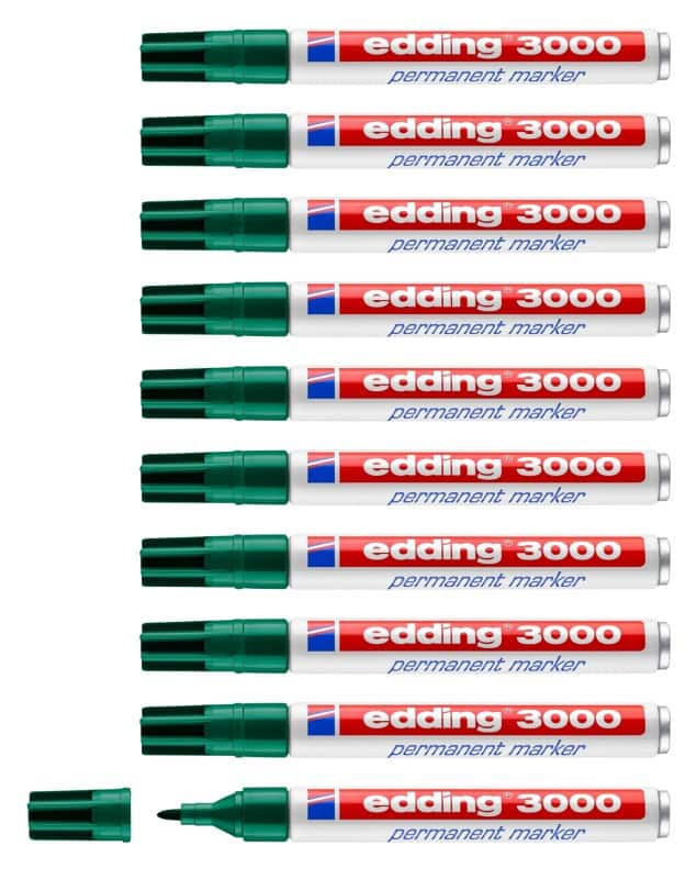 edding 3000 3000 Permanentmarker 100% Recycelt Mittel Rundspitze  - 3 mm Grün Nachfüllbar Wasserbeständig 10 Stück