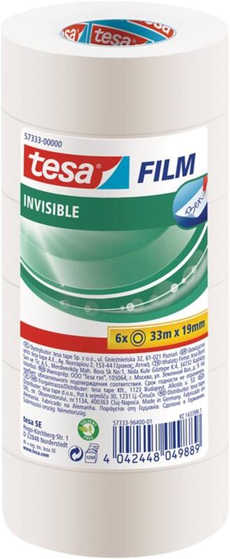 tesa Klebeband tesafilm invisible 57333 Milchig Transparent 19 mm (B) x 33 m (L) Polypropylene (PP)  6 Stück