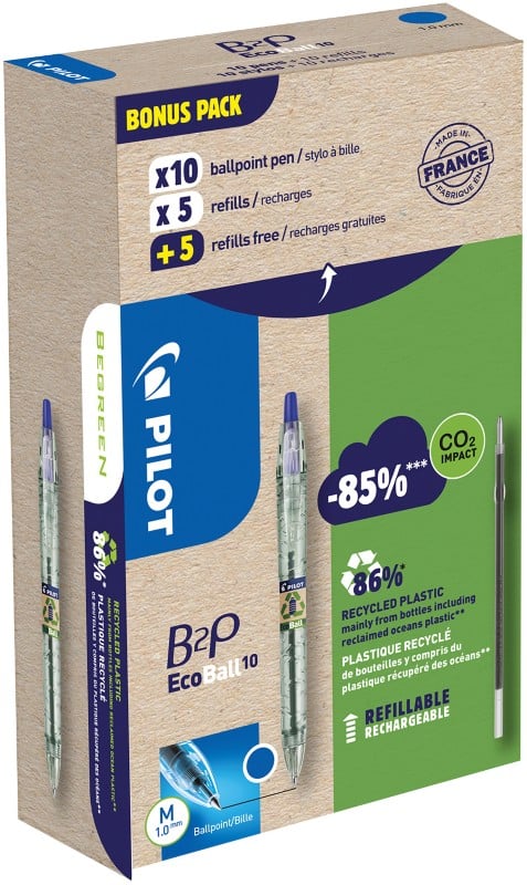 Pilot B2P Ecoball Kugelschreiber Mittel 0.4 mm Recycelt 86% mit 10 Stiften und 10 Minen