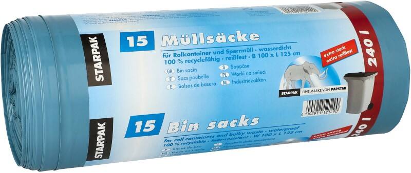 PAPSTAR Müllsäcke 240 L  Blau LDPE (Polyethylen niedriger Dichte) 60 Mikron 15 Stück