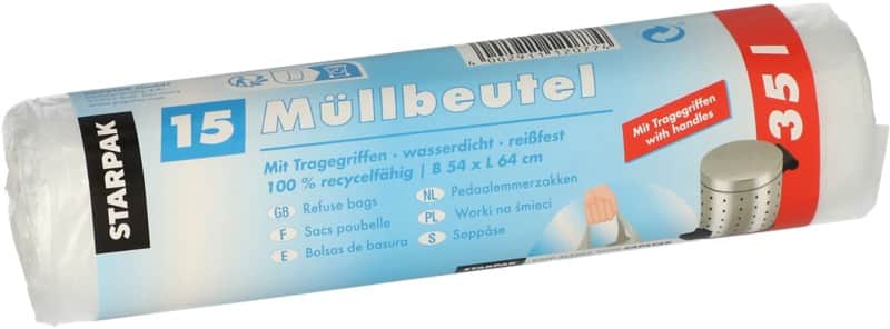 PAPSTAR Müllsäcke 35 L  Tragegriff Transparent HDPE (Hochdichtes Polyethylen) Tragegriff 15 Stück