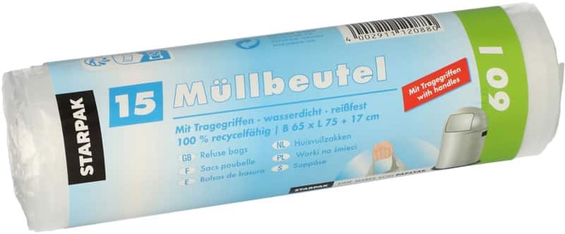 PAPSTAR Müllsäcke 60 L  Tragegriff Transparent HDPE (Hochdichtes Polyethylen) Tragegriff 15 Stück