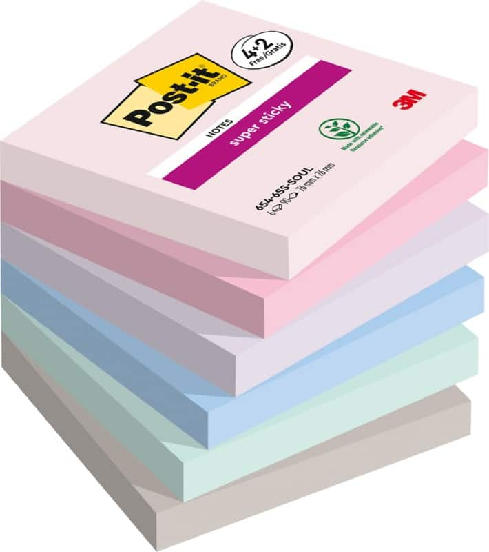 Post-it Soulful Super Sticky Haftnotizen 76 x 76 mm Farbig sortiert Quadratisch Blanko 90 Blatt Vorteilspackung 4 + 2 Gratis