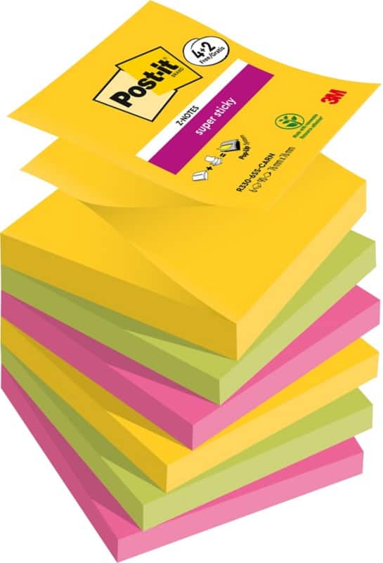 Post-it Carnival Collection Super Sticky Z-Notes Haftnotizen 76 x 76 mm Grün, Gelb, Rosa Rechteckig Blanko 90 Blatt Vorteilspackung 4 + 2 Gratis