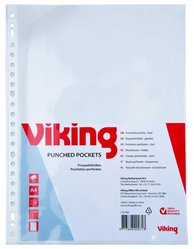 Viking Prospekthüllen A4 Glasklar Transparent 110 Mikron PP (Polypropylen) Öffnung oben 23 Löcher 25 Stück