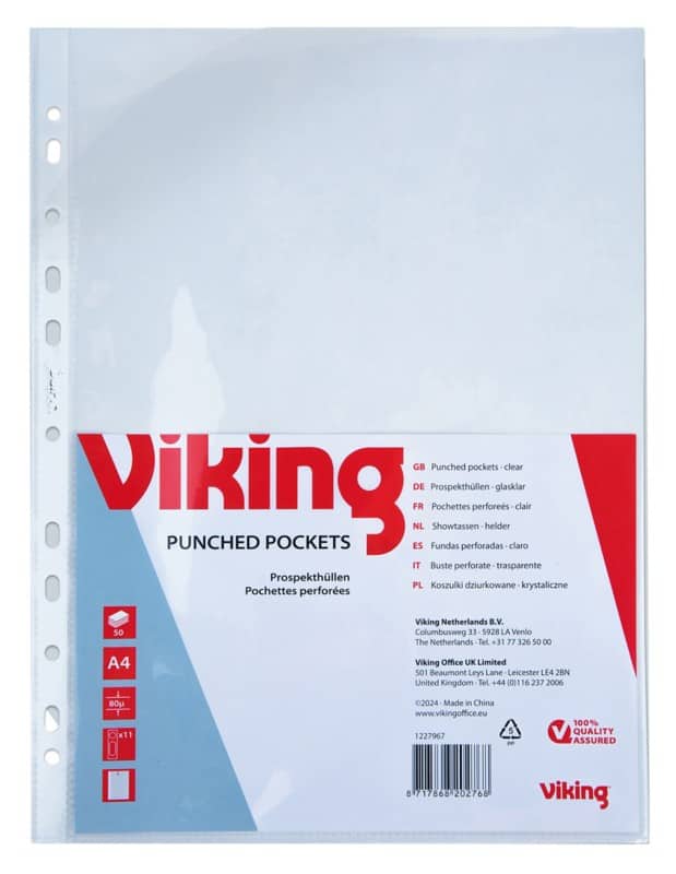 Viking Prospekthüllen A4 Glasklar Transparent 80 Mikron PP (Polypropylen) Oben 11 Löcher 50 Stück