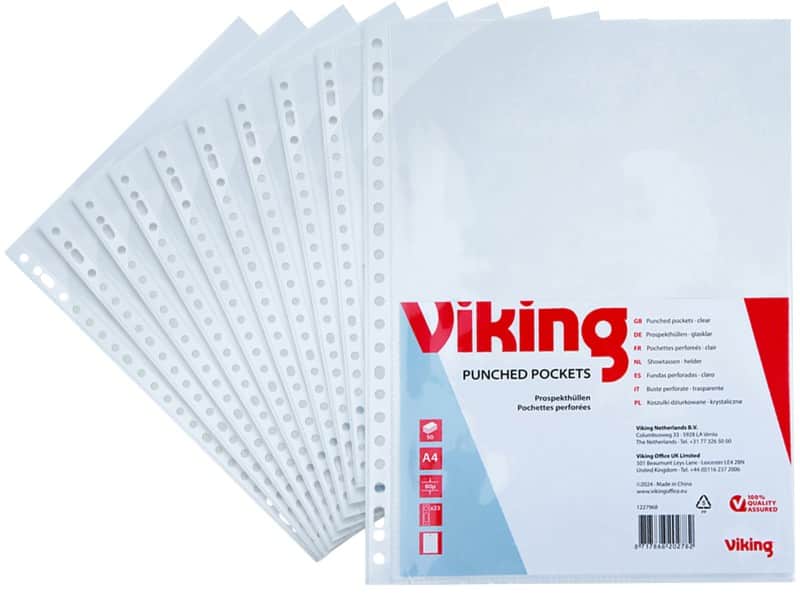 Viking Prospekthüllen A4 Glasklar Transparent 80 Mikron PP (Polypropylen) Öffnung oben 23 Löcher 50 Stück