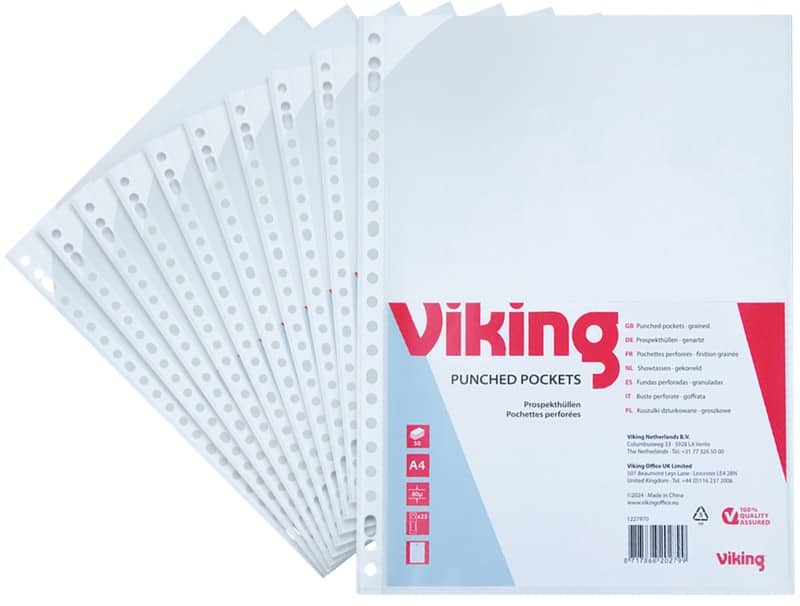 Viking Prospekthüllen A4 Genarbt Transparent 80 Mikron PP (Polypropylen) Öffnung oben 23 Löcher 50 Stück