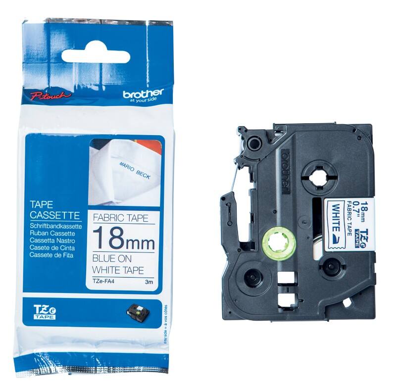 Brother TZe-FA4 18mm blau auf weißem Gewebe-Etikettierband-Kassette, 3M lang