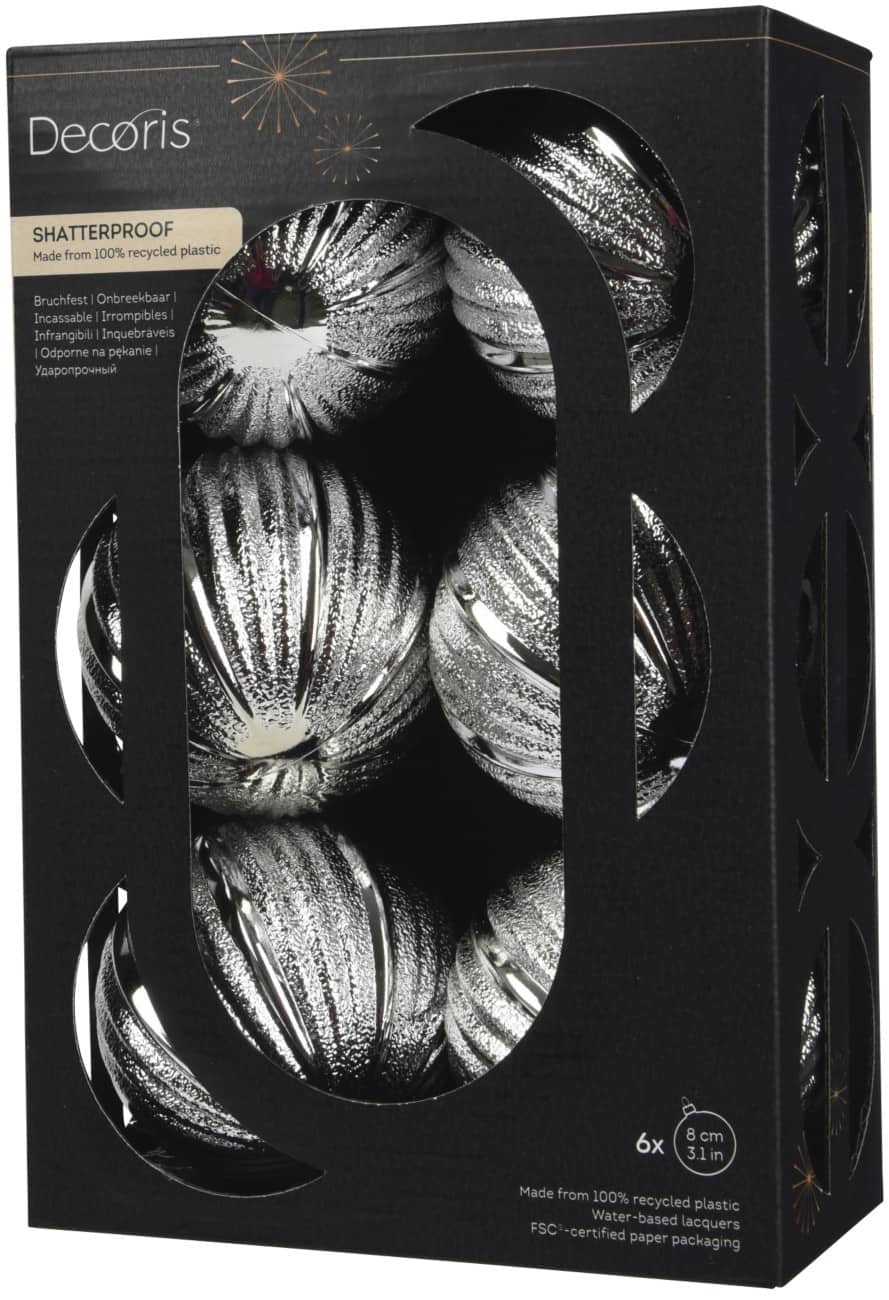 DECORIS Bruchsichere Christbaumkugel Silber 8 cm 6 Stück
