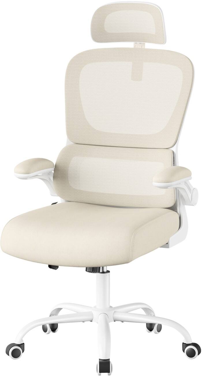 SONGMICS Kime Bürostuhl Wippmechanik Feste Armlehnen Höhenverstellbarer Sitz Beige max. 120 kg