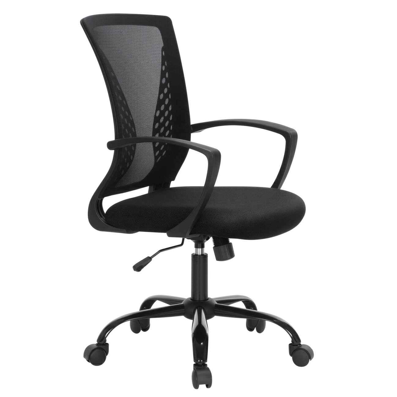 SONGMICS Stevon Bürostuhl Wippmechanik Feste Armlehnen Höhenverstellbarer Sitz Schwarz max. 120 kg