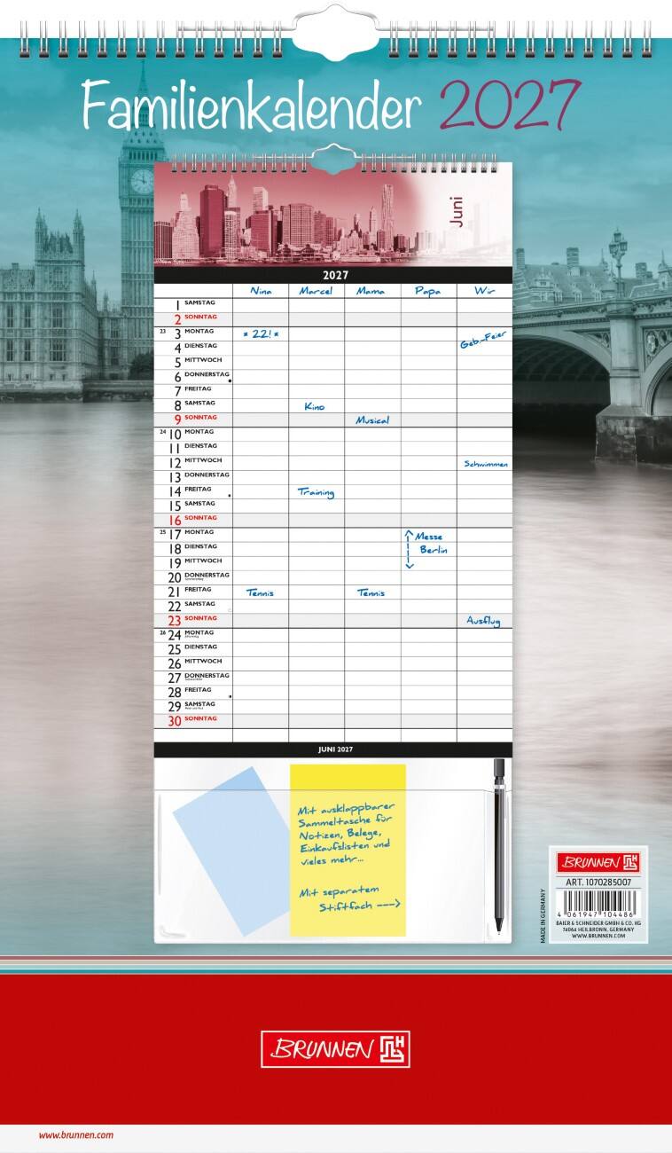 BRUNNEN Familien-Wandkalender 2027 1 Monat pro Seite Deutsch 25,3 (B) x 42,5 (T) x 0,8 (H) cm 3 Stück
