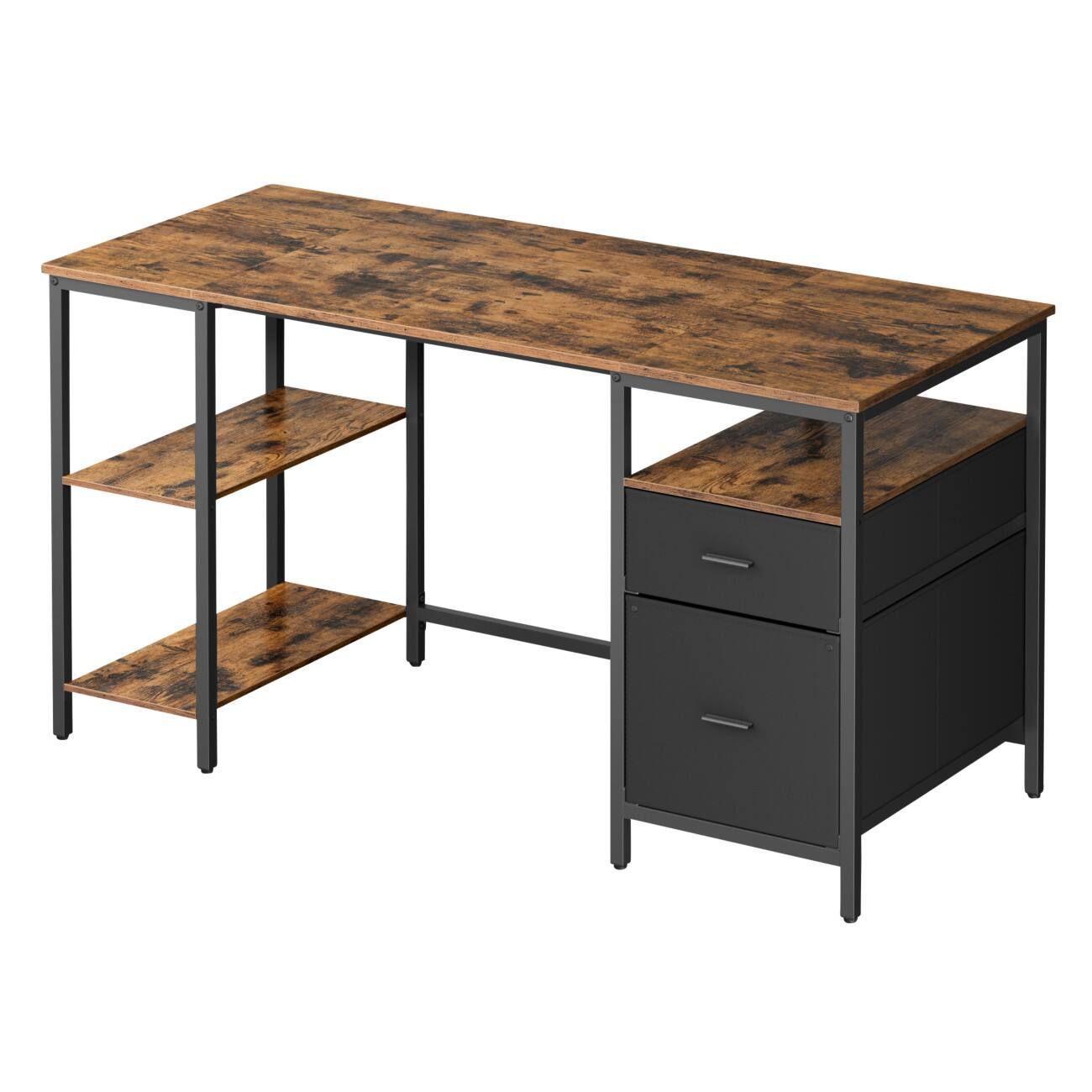 VASAGLE Computer-Schreibtisch Rechteckig Vintage Braun 4 Metallbeine 2 Schubladen 1.400 (B) x 600 (T) x 760 (H) mm Stoff, PA (Polyamid), Spanplatte, Stahl