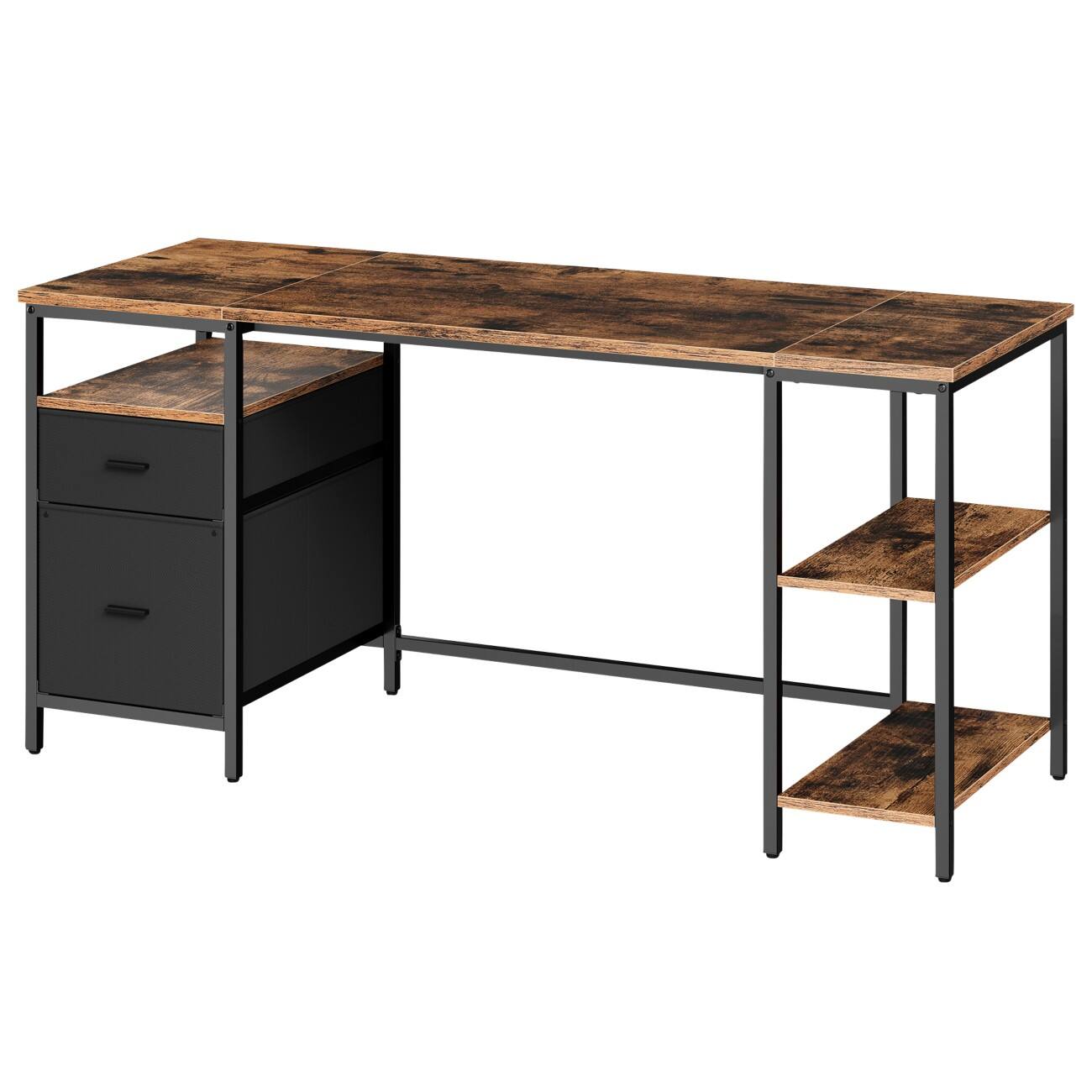VASAGLE Computer-Schreibtisch Rechteckig Vintage Braun 4 Metallbeine 2 Schubladen 1.600 (B) x 600 (T) x 760 (H) mm Stoff, PA (Polyamid), Spanplatte, Stahl