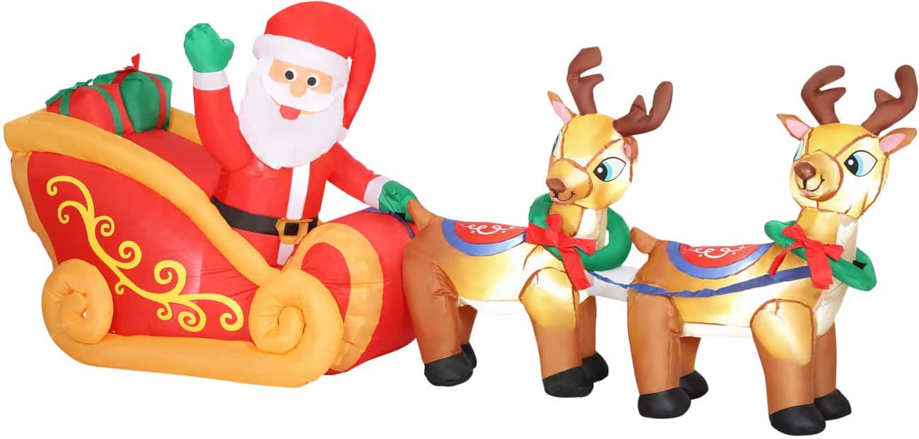 OutSunny Aufblasbarer Weihnachtsmann auf einem Rentierschlitten mit Gebläse und LED-Lampen 240 x 75 x 100 cm