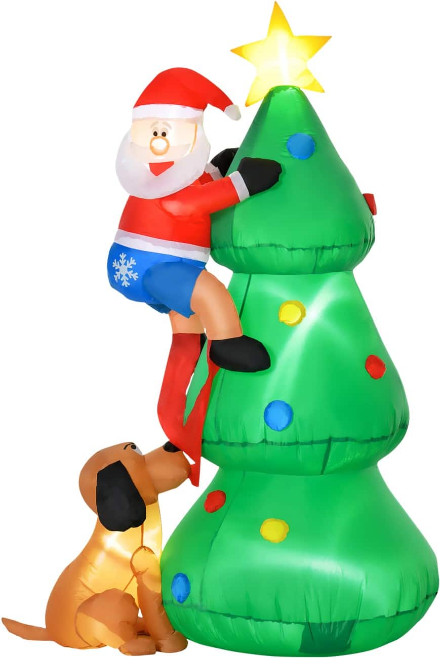 HOMCOM Aufblasbarer Weihnachtsbaum mit Weihnachtsmann-Hund mit Gebläse und LED-Lampen 123 x 85 x 180 cm