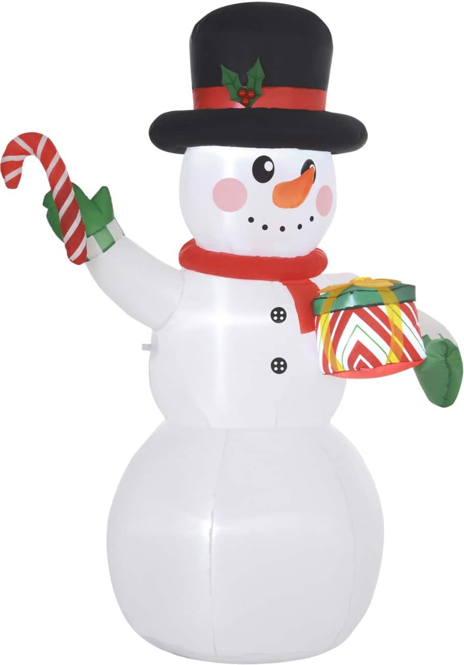 HOMCOM Aufblasbarer Weihnachtsschneemann mit Zuckerstange-Geschenk Gebläse und LED-Beleuchtung 120 x 80 x 180 cm