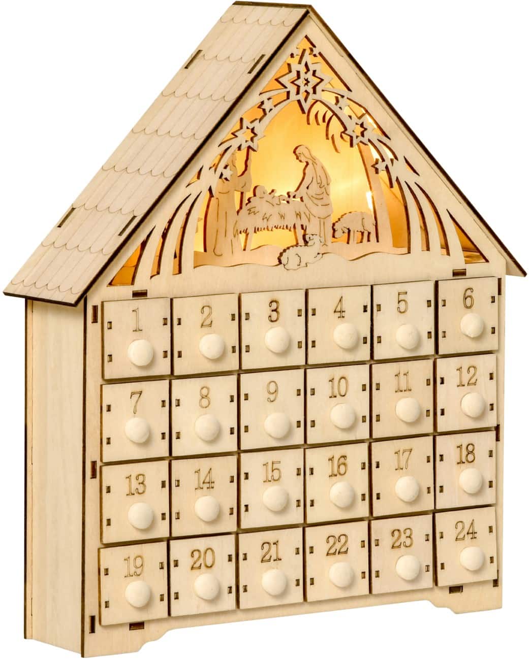 HOMCOM LED-Adventskalender Krippe Naturholz 26,6 x 6 x 30 cm