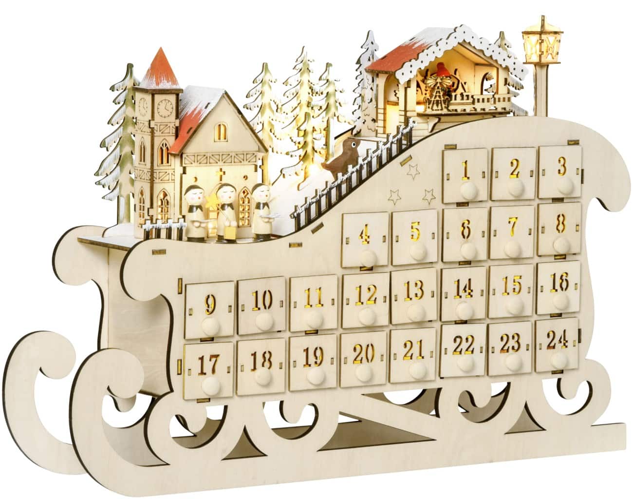 HOMCOM LED-Adventskalender Schlitten Naturholz 45 x 10 x 31 cm