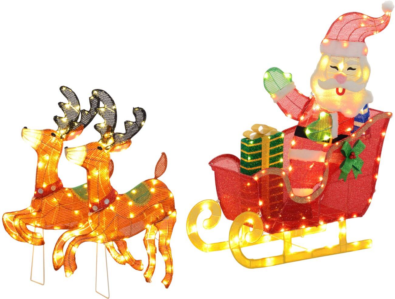 OutSunny LED-Leuchtdekoration Weihnachtsmann-Schlitten mit Rentieren 99 cm