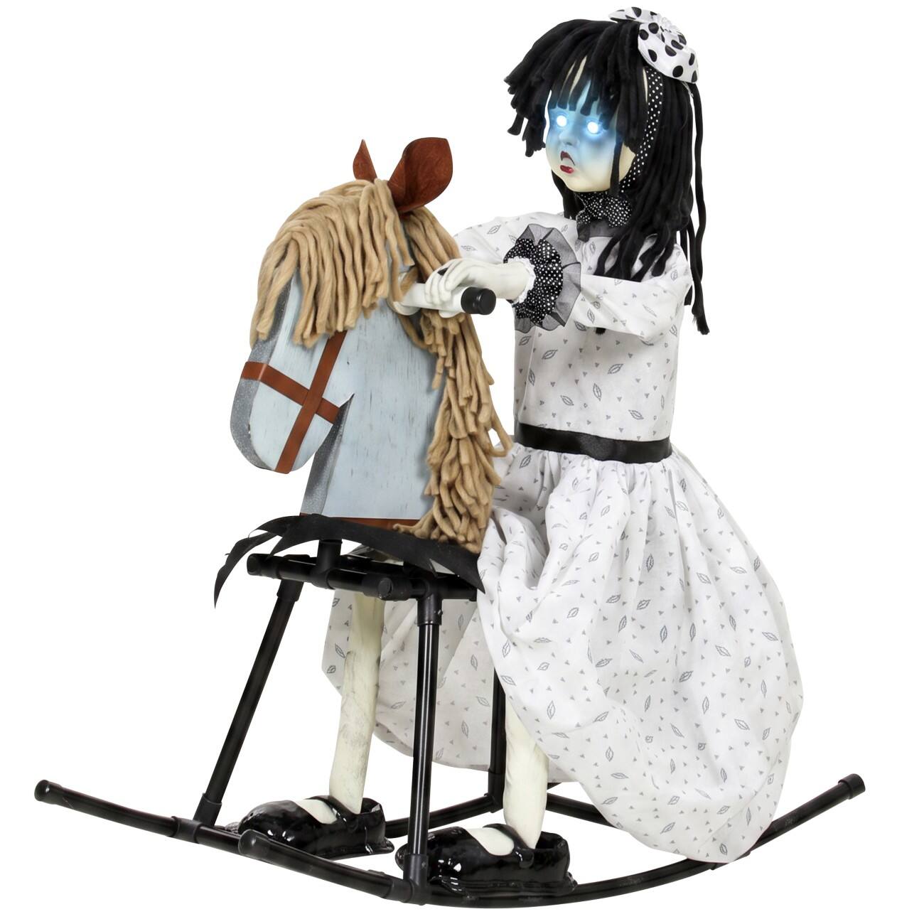 HOMCOM Mädchen auf Schaukelpferd Halloween-Deko Metall, PL (Polyester) Weiß 70 x 55 x 100 cm