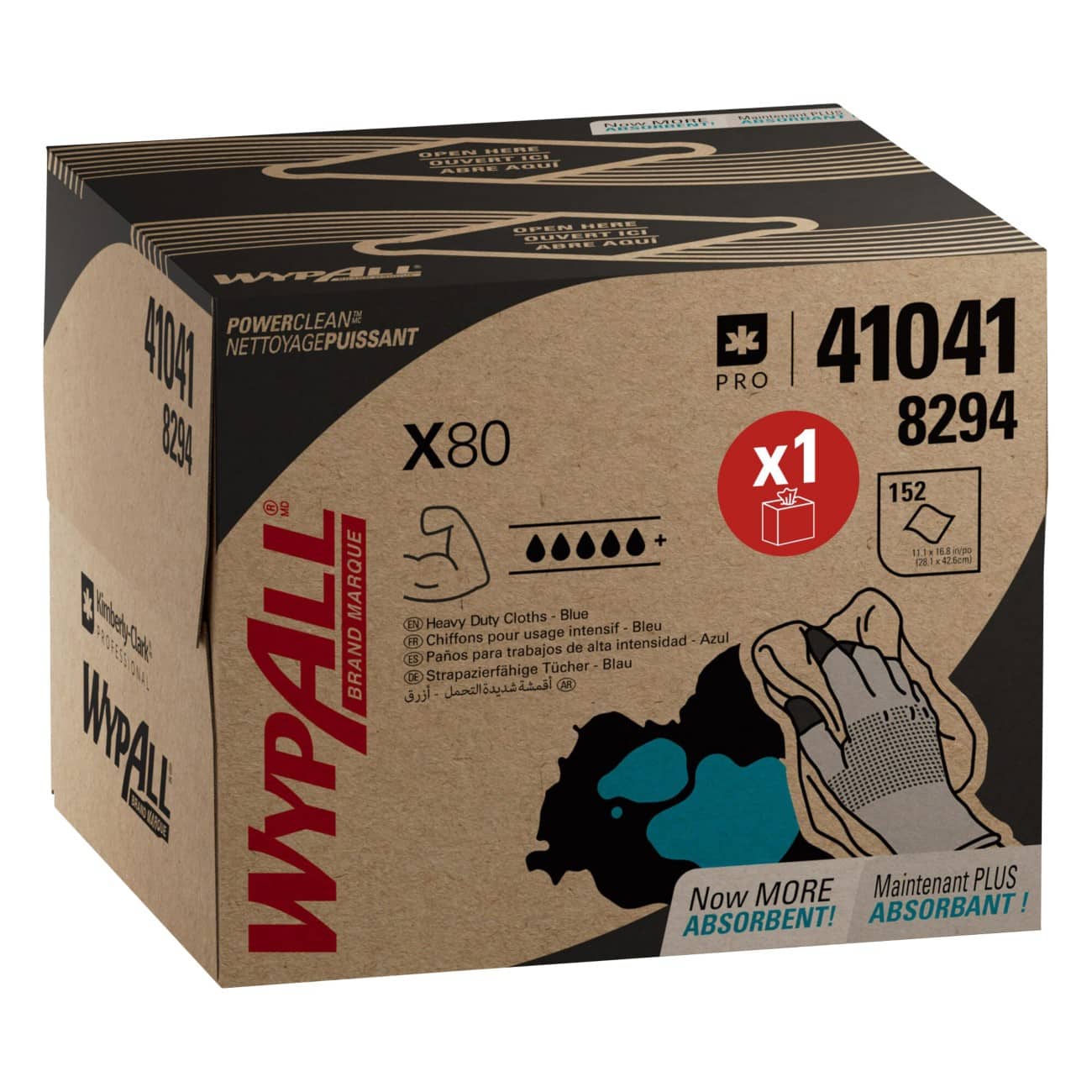 WypAll X80 Power Clean Reinigungstuch für intensive Nutzung 8294 wiederverwendbar 1 x BRAG-Box mit 152 blauen, saugfähigen Tüchern