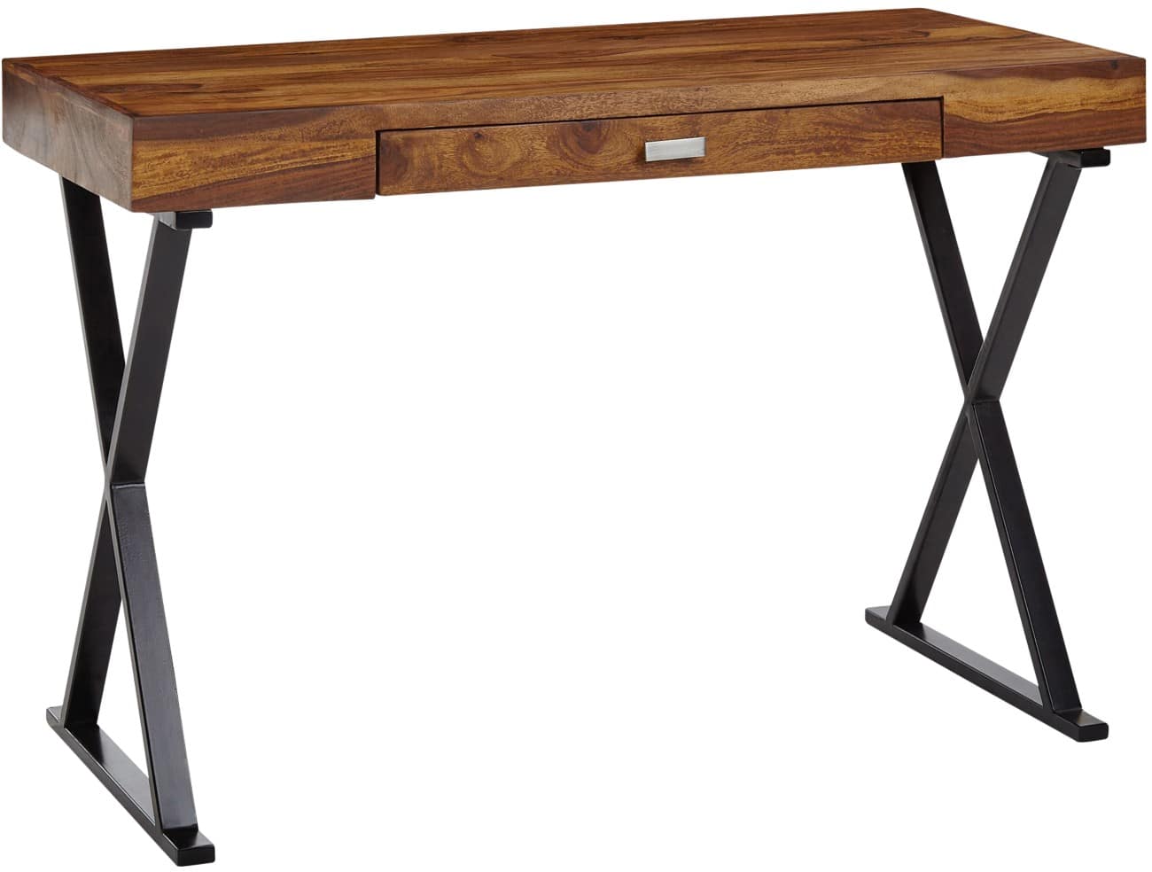 WOHNLING Schreibtisch Rechteckig Braun Sheesham Kreuzfuß 1 Schublade 1.200 (B) x 550 (T) x 780 (H) mm massives Sheeshamholz