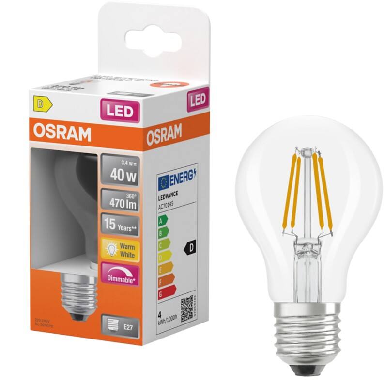 Osram Retrofit CLASSIC Glühlampe Klar E27 3,4 W Warmweiß