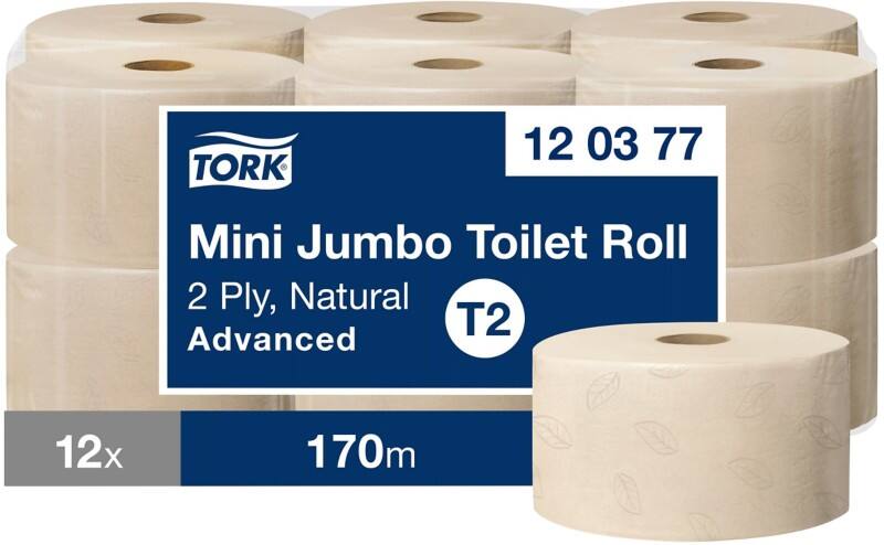 Tork Mini Jumbo Toilettenpapier T2 2-lagig Naturfarben 12 Rollen mit 170 m