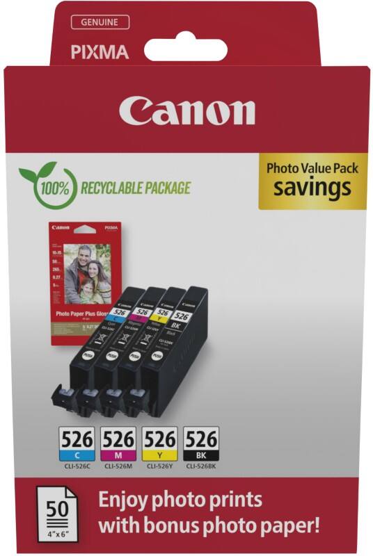 Canon 526 Original Tintenpatrone Schwarz, Cyan, Magenta, Gelb 4er-Pack